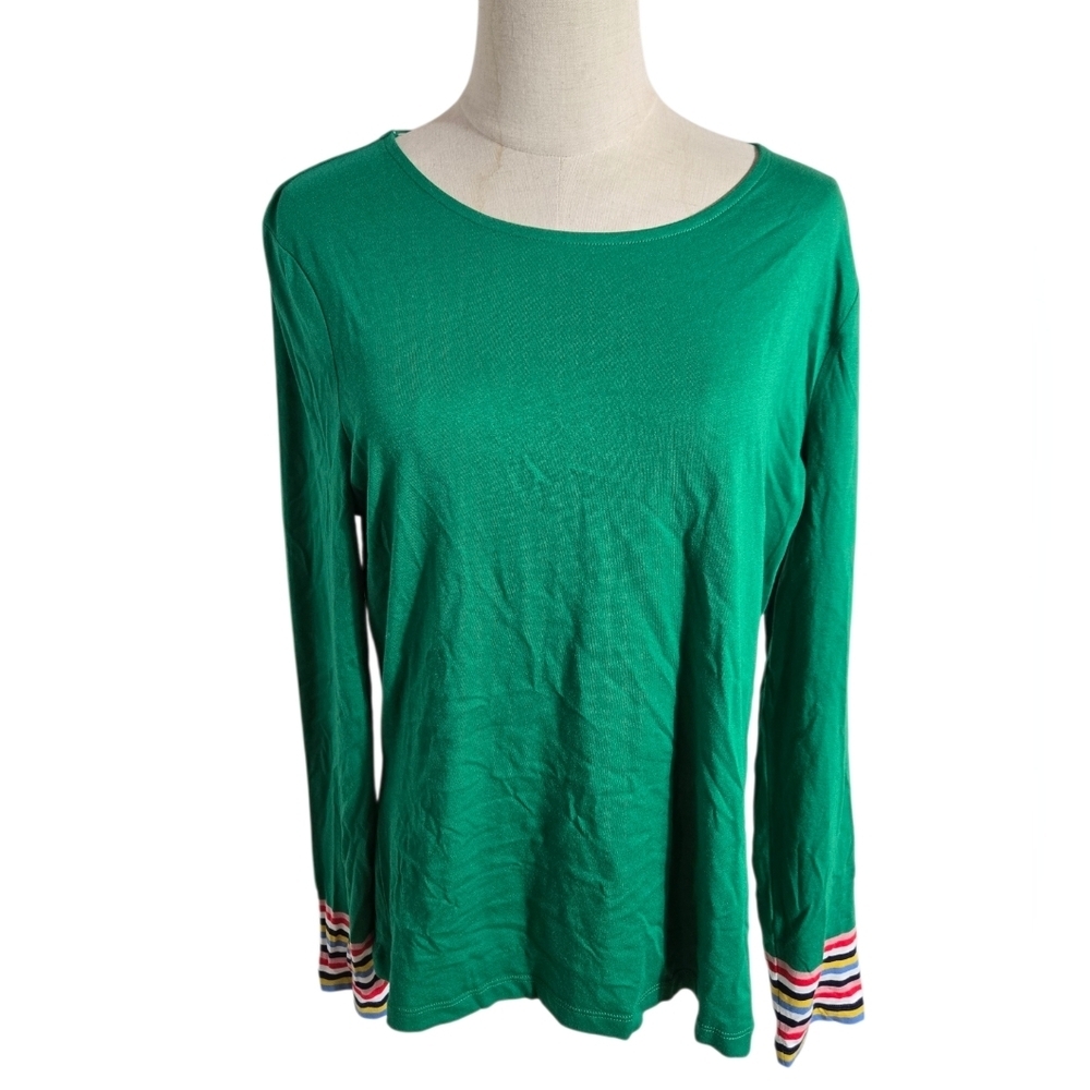 Boden Green Long Sleeve Top with Colorful Striped Cuffs